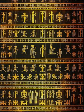 Hieroglyphic patterns in golden hue overlay dark canvas, gold, ||hieroglyphics