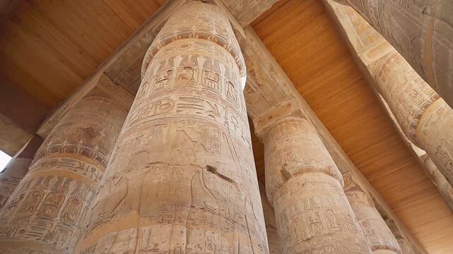 Pillars of the majestic temple of Karnak in Luxor, Egypt. Karnak Temple is dedicated to the temple complex of Ancient Egypt in honor of the god Amun-Ra, his wife Mut and son Khons. Thebes, Karnak.
