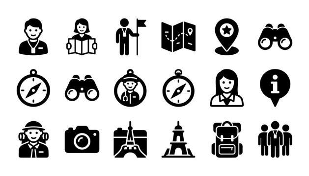 Travel and tourism icon collection featuring tourist guides, maps, cameras, landmarks, navigation symbols, and adventure related black silhouettes