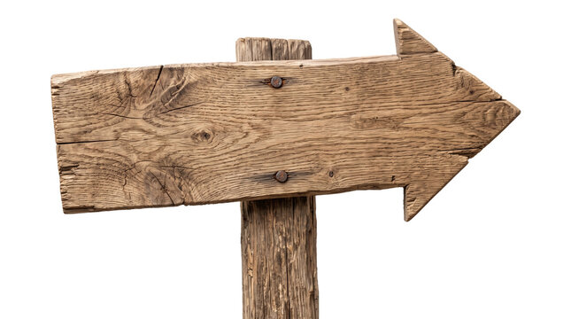 Rustic wooden arrow signpost pointing right for direction and guidance in outdoor locations isolated on transparent background.