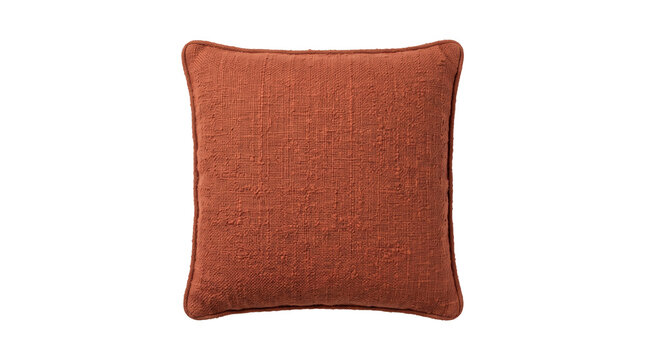 Square rust colored decorative pillow with textured fabric for home decor accent isolated on transparent png.