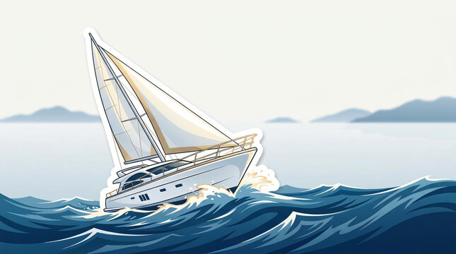 Dynamic White Sailing Yacht Navigating Deep Blue Sea with Copy Space