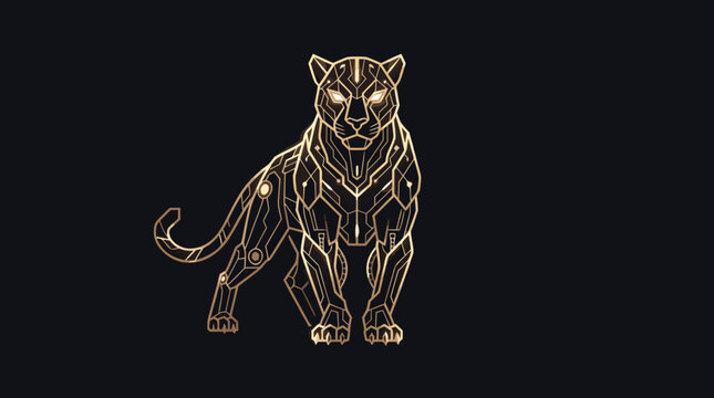 Majestic Golden Cybernetic Panther with Glowing Eyes, Symbolizing Future Technology and Unyielding Strength on a Dark Background