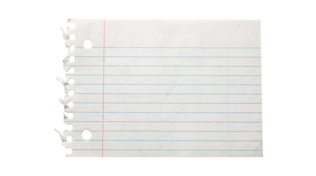 Torn white lined notebook paper sheet with blue lines and binder holes for school and office journaling.