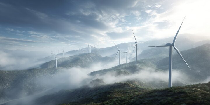 Modern City with Green Landscape, Wind Turbines, and Solar Panels Against a Clear Sky and Bright Sunlight in a Sustainable Environment