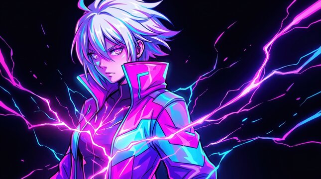 Anime character with glowing electric energy powers in a dark cyberpunk style portrait.