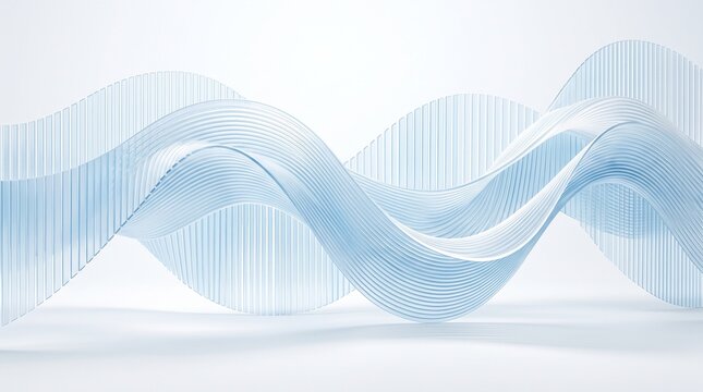 Abstract blue translucent waves with delicate vertical lines, creating a sense of flow and depth on a bright white background. Modern, clean, serene, digital art.