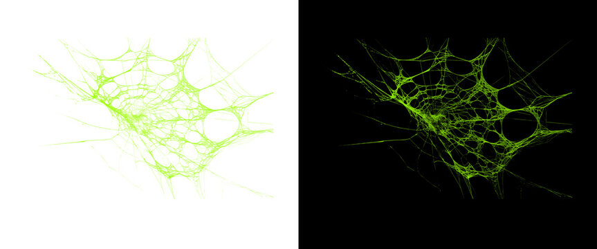 Green spiderweb texture on black and white backgrounds, spooky halloween cobweb design elements, glowing green spider web graphic