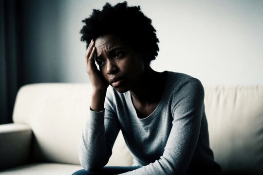 Young african american woman sits on couch head in hands showing pain and distress. She looks upset and tired. Mental health struggle, feeling unwell, physical ache. Sad female indoors.