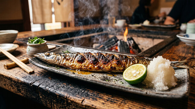 Grilled Pacific saury with grated daikon and sudachi in irori hearth