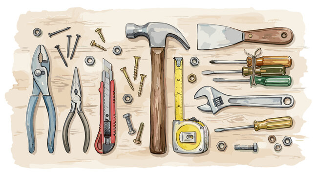 Vintage Hand Tools Collection Featuring Hand Drawn Sketch Illustrations of Hammer Pliers Screwdrivers Utility Knife Measuring Tape and Hardware on Wooden 