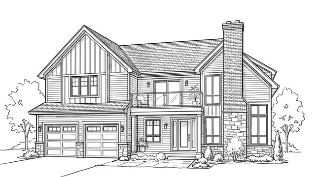 Vintage Architectural Elevation Exterior Featuring Hand Drawn Monochrome Sketch of Two Story Luxury Suburban House Residence with Double Garage and Balcony Vector Backdrop