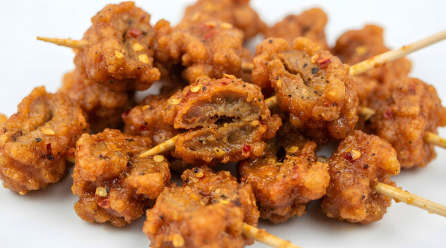 Heap of spicy Filipino proven snacks, cornstarch flour deep fried chicken offals (gizzards) on white background. Asian street foods, fast food and menu ideas