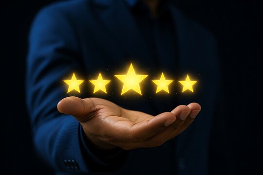 Business person offering glowing five star rating in dark professional setting