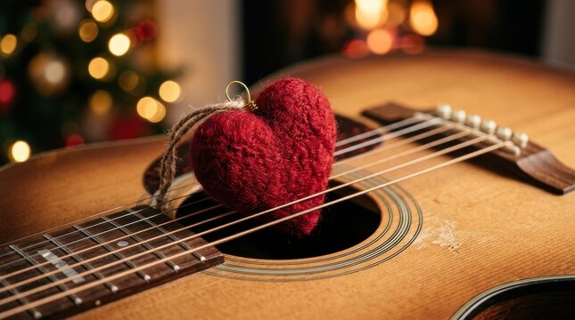 Rustic Woolen Red Heart Ornament Resting On Acoustic Guitar Strings Against Blurred Holiday Lights Background Festive Musical Valentine Romance