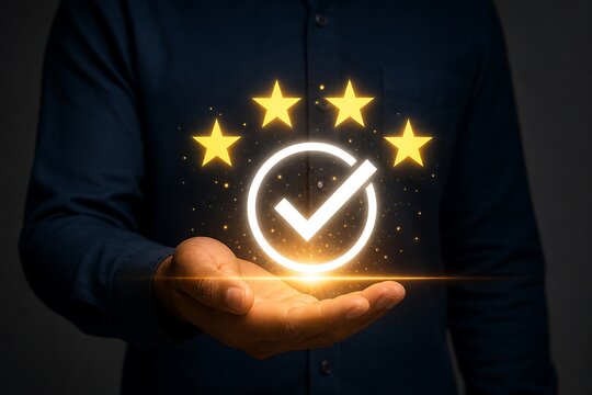 Business professional holding glowing five-star rating and checkmark symbol over hands