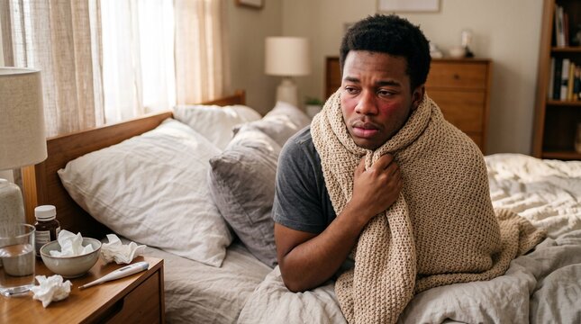 Sick young man with flushed face wrapped in beige knitted blanket sitting on cozy bedroom bed