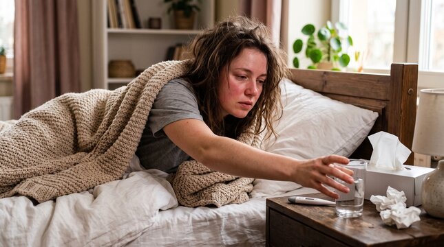Ill young woman reaches for a glass of water while resting in her cozy bed