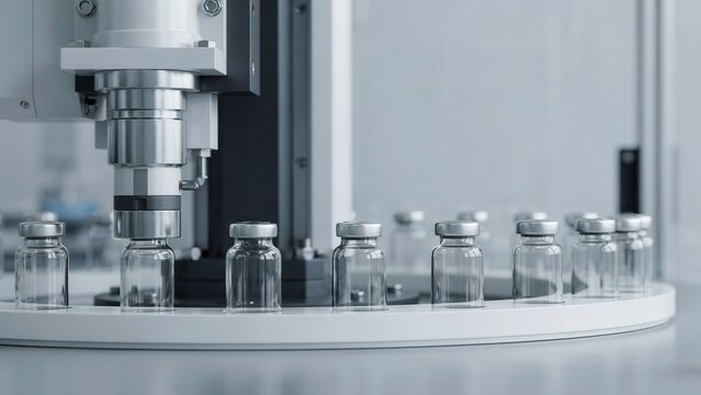 Automated pharmaceutical packaging machine filling glass vials in laboratory with pharmaceutical, packaging