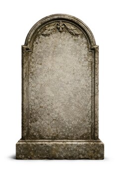 Weathered stone tombstone with decorative arch and blank surface.