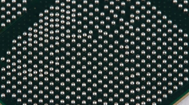 Macro view of a ball grid array solder pattern on a dark green substrate showing precise alignment and uniform distribution of metallic spheres for quality control