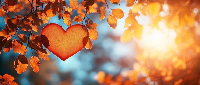 A textured red heart hangs amidst glowing orange autumn leaves with sunlight filtering through the background.