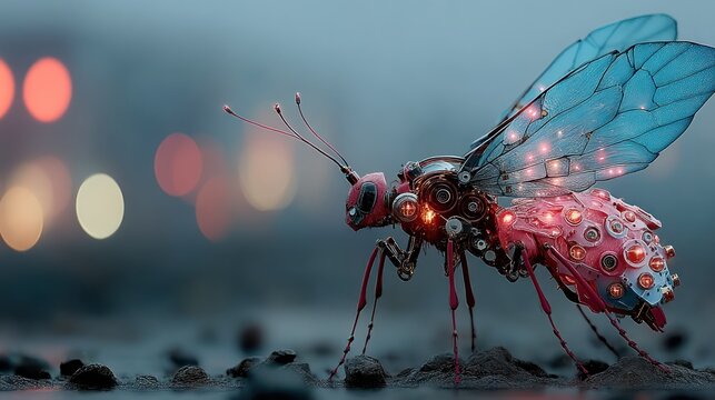 A robotic insect with a pink and metallic body, wings, and illuminated with orange lights