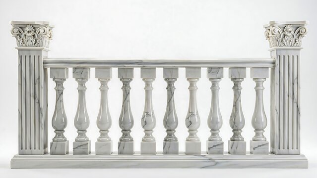 White classical stone balustrade with ornate columns isolated on white background