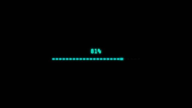A cyan dotted loading bar advances across a black screen, with numerical percentages rising from 5% to 98%, visualizing a digital system update or data download progress.