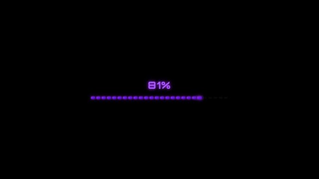 A sleek purple loading bar advances across a black screen, with numerical percentages tracking the steady progress of a digital download or system update.
