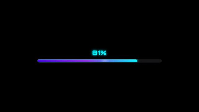 A sleek, futuristic progress bar with a purple and cyan gradient fills steadily across a black background, accompanied by an increasing percentage counter from 5% to 98%.