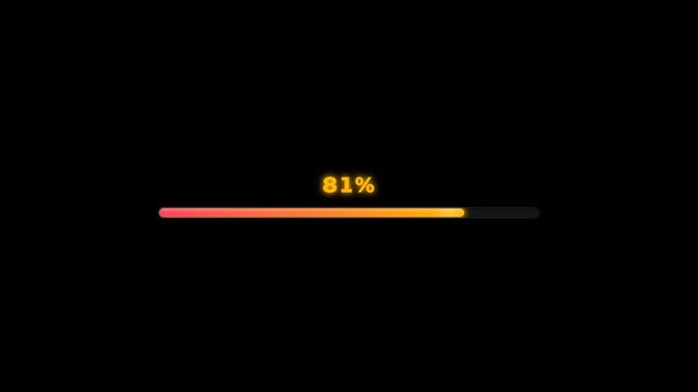 An animated progress bar steadily fills from 5% to 98% on a black background. The thin bar changes color from red to orange-yellow as the numerical percentage above it climbs.