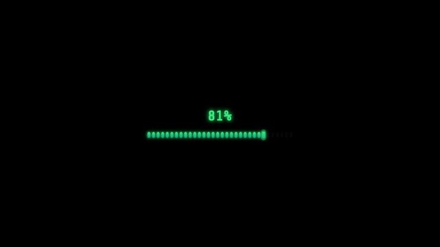 A green digital progress bar advances across a black screen, with percentage counters increasing from 5% up to 98% in a retro computing aesthetic.