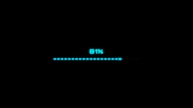 A futuristic cyan loading bar with a digital percentage counter progresses from 5% to 98% against a sleek black background, simulating a system update or data transfer process.