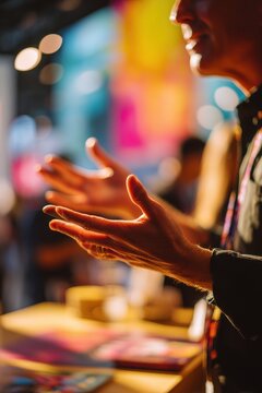 Man gesturing with hand during presentation at conference. Speaker talking to audience at business event. Communication concept, public speaking professional sharing idea, leadership skill.