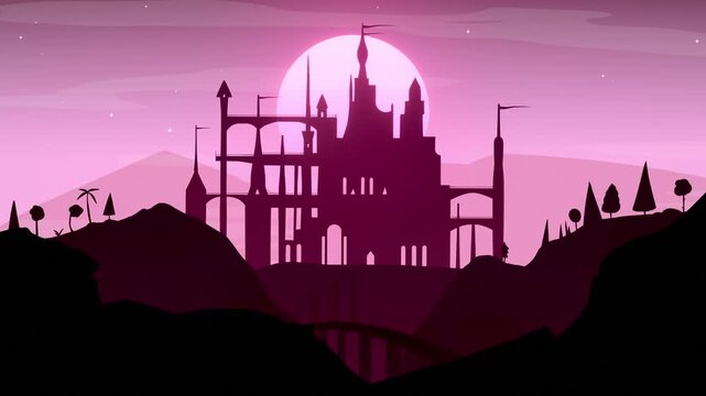 vector style castle scenery silhouette illustration ambient animated loop, soft light chill background