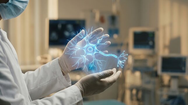 Doctor holding glowing hologram of human neuron cell in medical lab
