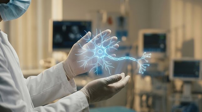 Doctor holding digital 3D hologram of a human neuron nerve cell