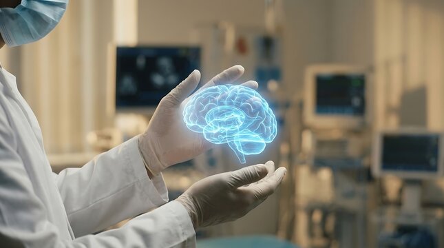 Doctor examining glowing 3D human brain hologram in modern clinic