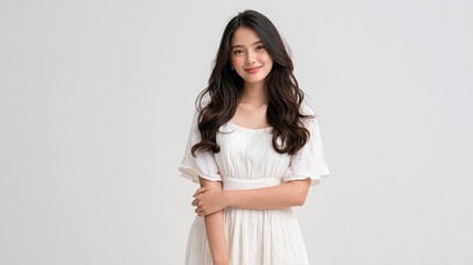 Fototapeta premium Beautiful young asian woman wearing a white dress smiling on a light background