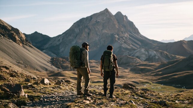 Two male friends backpacking and hiking in the majestic mountains during golden hour