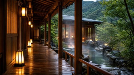 Obraz premium Japanese ryokan corridor with steaming outdoor onsen for wellness trav