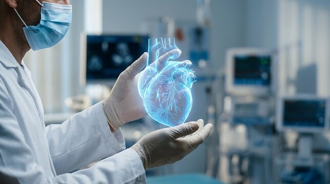 Doctor holding digital holographic human heart in high tech clinic