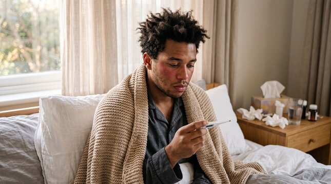 Young man wrapped in a warm knitted blanket checking his high fever on a digital thermometer