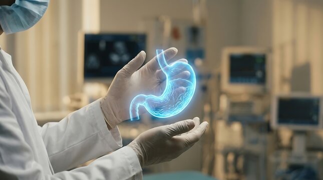 Doctor holding digital holographic human stomach model in hospital