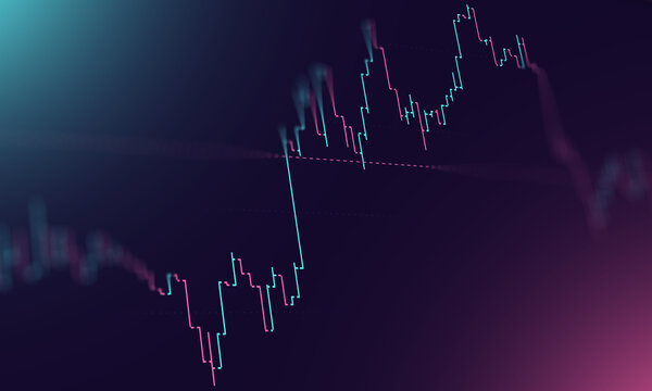 Abstract digital stock market line chart displaying volatile financial trading data with neon pink and cyan highlights on dark background.