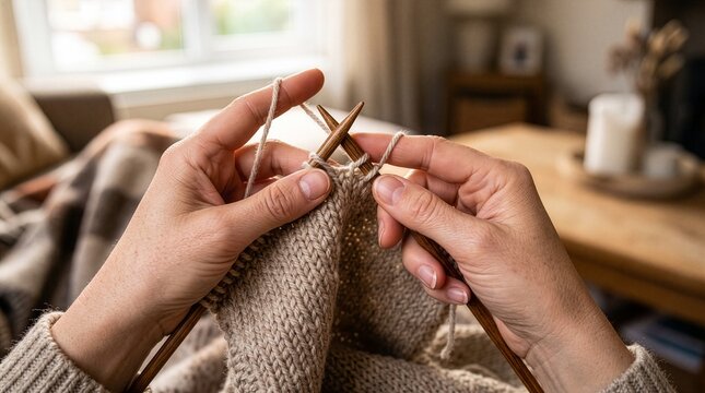 Close up of hands knitting a warm sweater with wooden needles