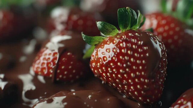 A close-up of strawberries coated in rich chocolate with intact leaves.