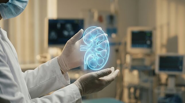 Doctor Holding Digital Hologram of Human Kidney for Diagnosis
