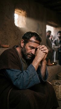 Biblical patriarch meditate: Gideon leader, ancient Israel, Old Testament, divine encounter, humble abode, spiritual quest, faith journey, revelation seek, God presence, holy purpose.